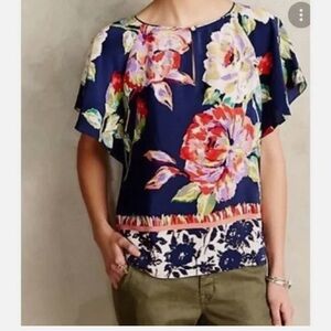 Anthropologie Maeve Gardenia Navy Floral Silk Blouse Shirt size 4